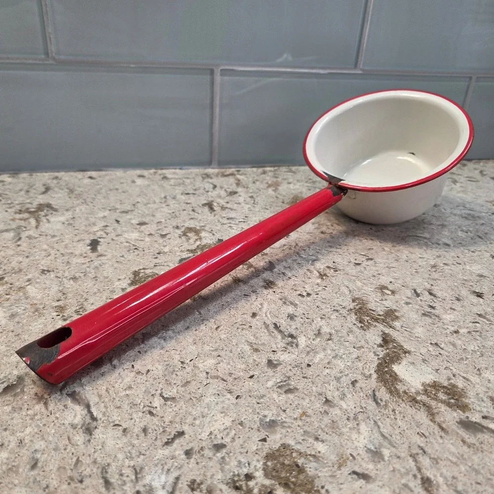 Vintage Enamelware Water Dipper Ladle White Red Rim Farmhouse Primitive 13.5